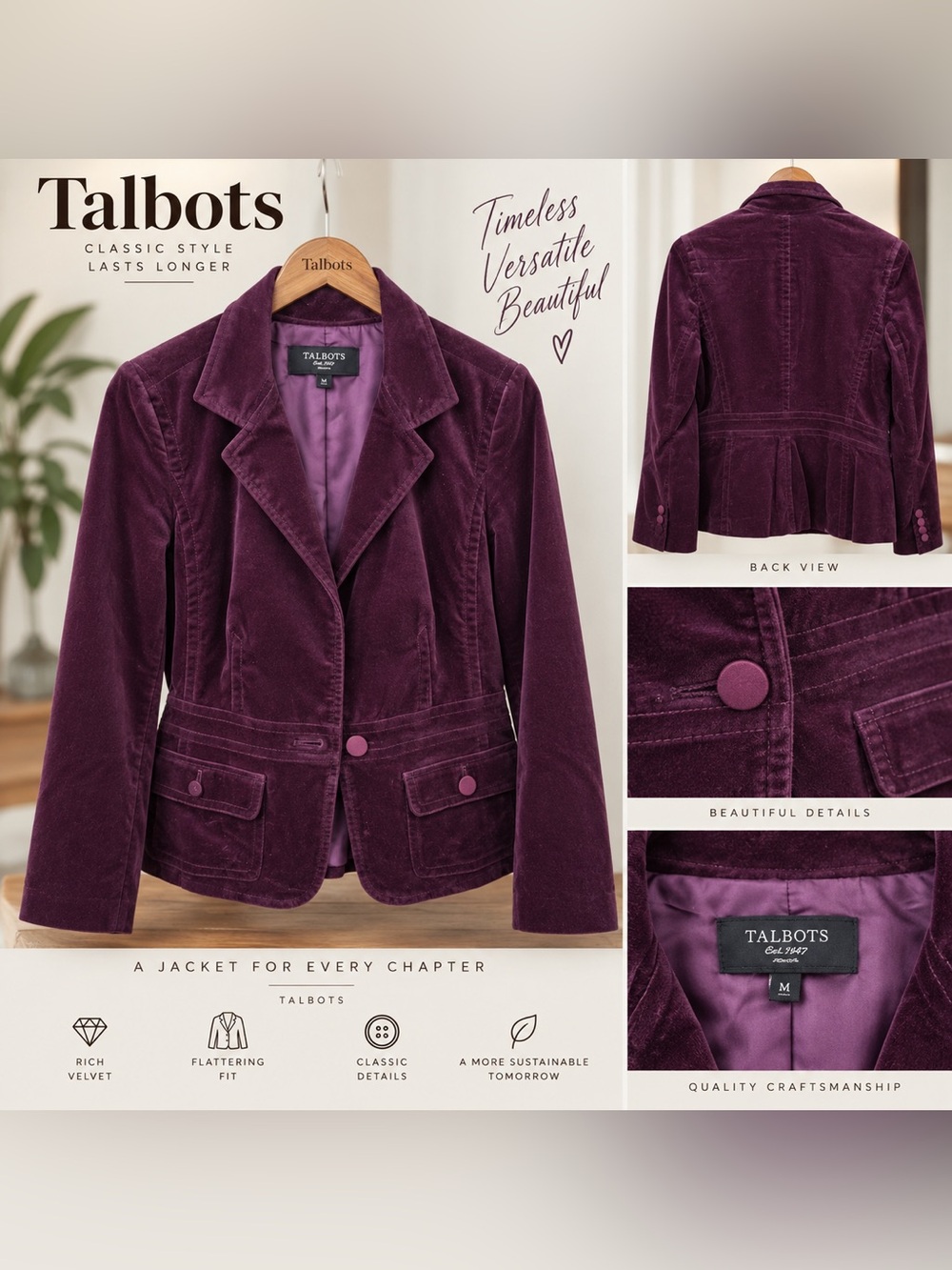 Talbots 10P Petite Plum Purple Cotton Velvet Blazer Jacket Like New